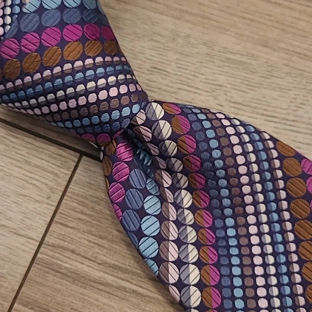 DUCHAMP‎ London Metallic Multicolor Dots Circles Striped Pattern Silk Tie RARE